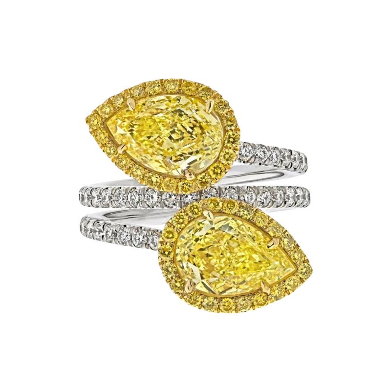 4 01CTTW FANCY YELLOW INTENSE TWO STONE PEAR CUT DIAMOND HALO RING