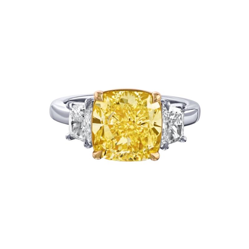 4 25ct Fancy Yellow Cushion Cut Three Stone Diamond Engagement Ring