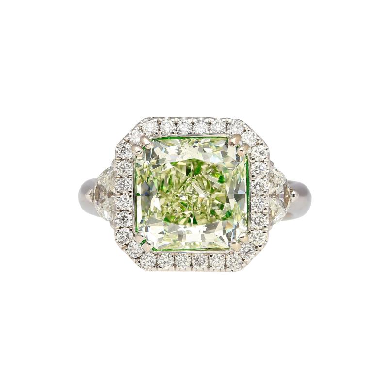 4 26 Carat Radiant Cut Fancy Yellowish Green SI1 Clarity 18K GIA Diamond Ring
