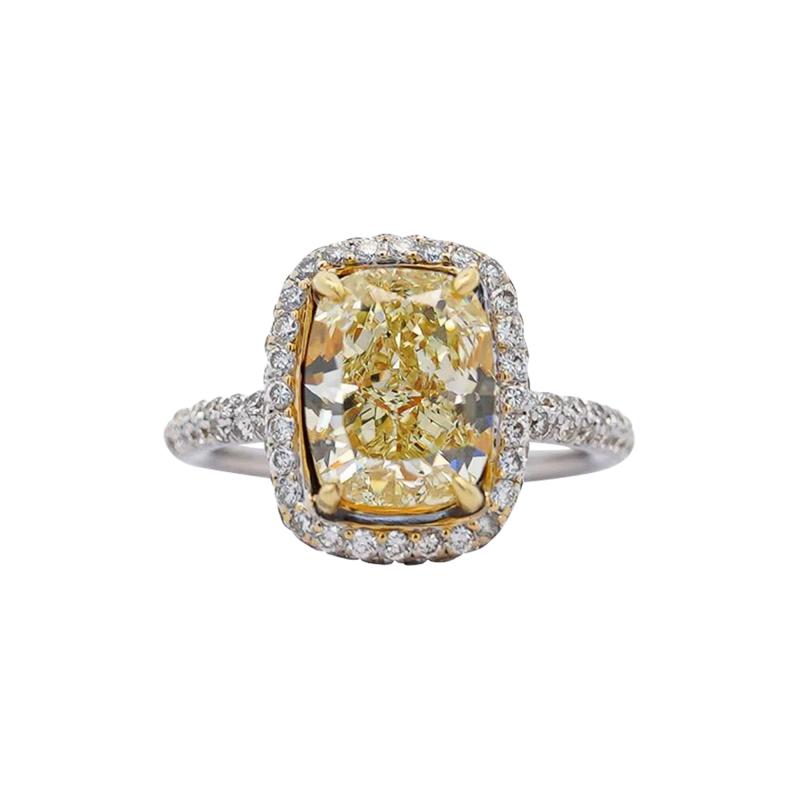 4 36 Carat Elongated Cushion Fancy Yellow Diamond Halo 18K Engagement Ring