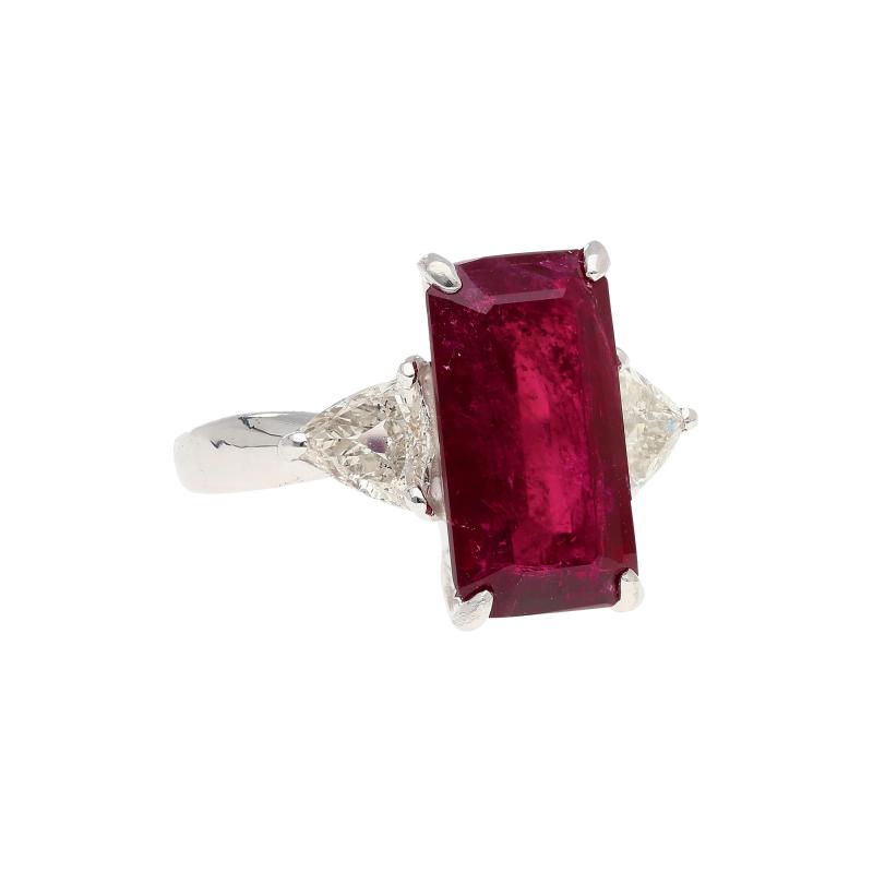 4 67 Carat Red Tourmaline and Trillion Diamond Three Stone Platinum Ring