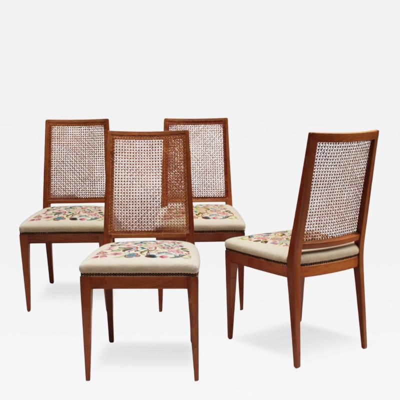 4 Fine French 1940s Cherry Cane and Tapestry Side Chairs
