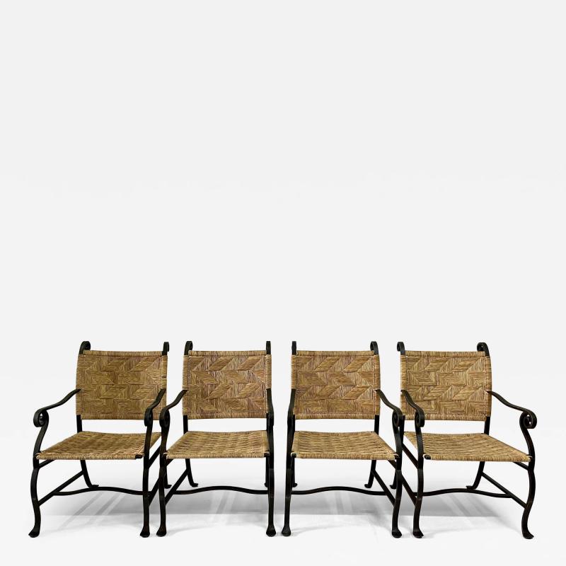 4 Heavy Hand Wrought Iron and Woven Raffia Armchairs