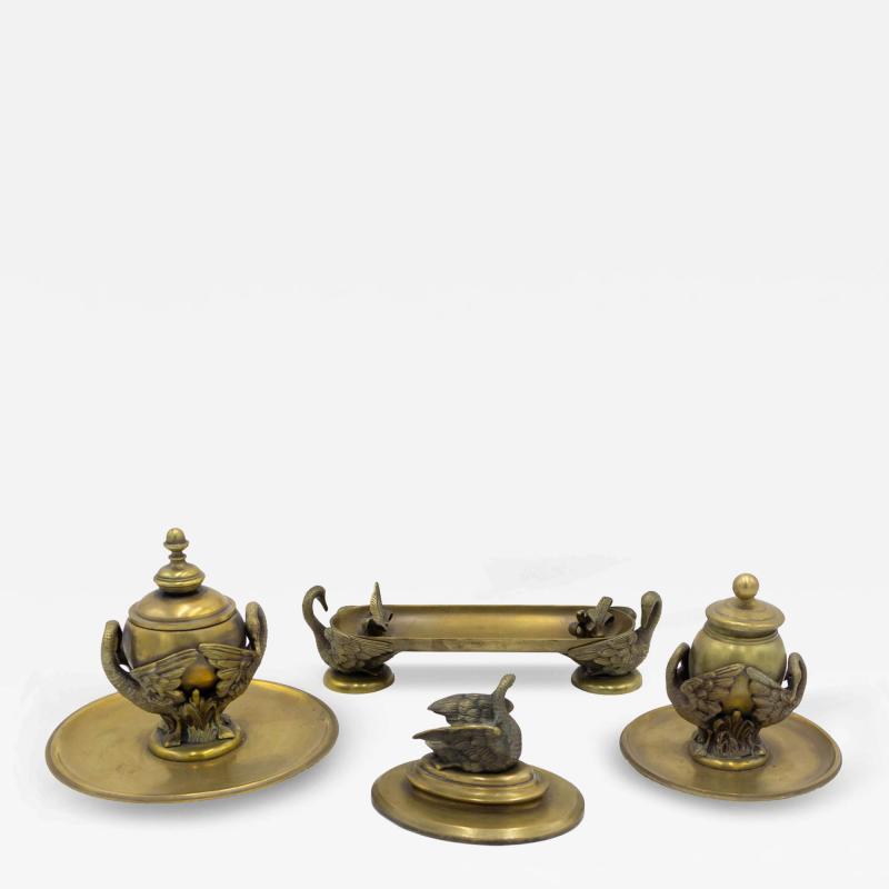 4 Piece French Empire Bronze Inkwell Set with Swan