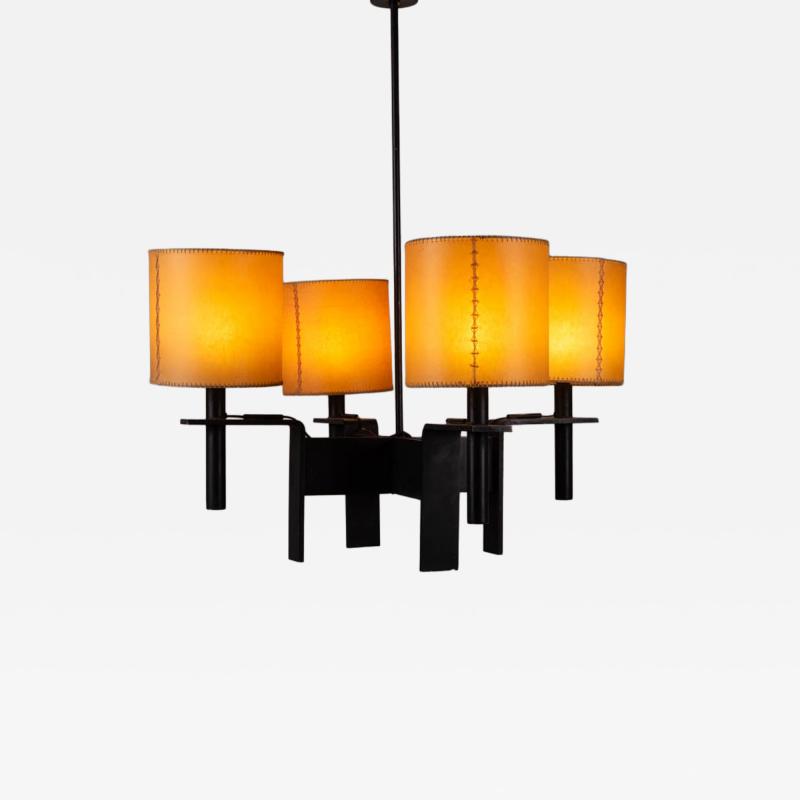 4 arm hanging light in black steel and original faux vellum shades