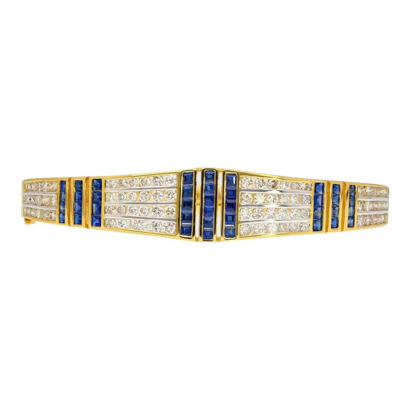 5 09 Carat Blue Sapphire and Diamond Bangle Bracelet in 18k Yellow Gold