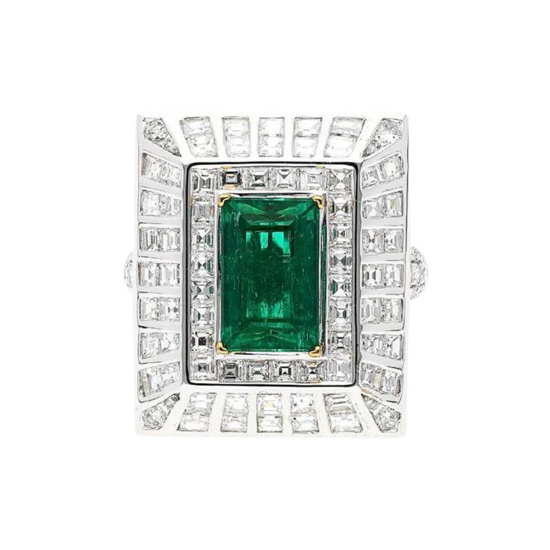 5 17 Carat Colombian Emerald Baguette Diamond Rectangle Art Deco Frame Ring