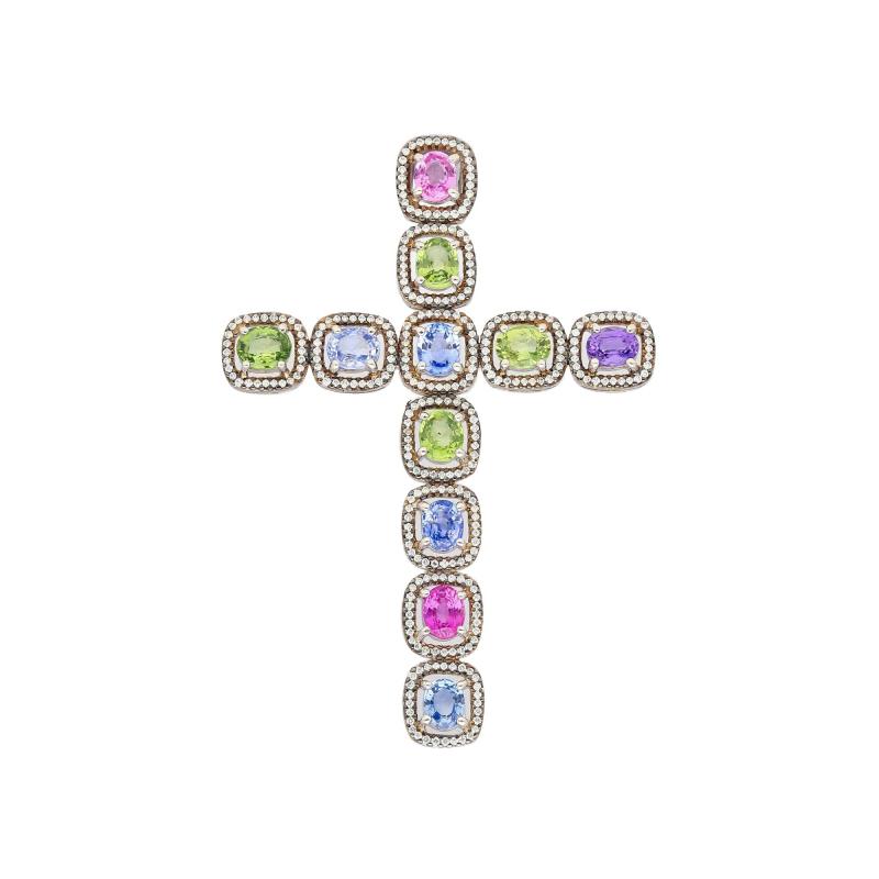 5 39 Carat Multicolored Natural Sapphire Diamond Cross Pendant