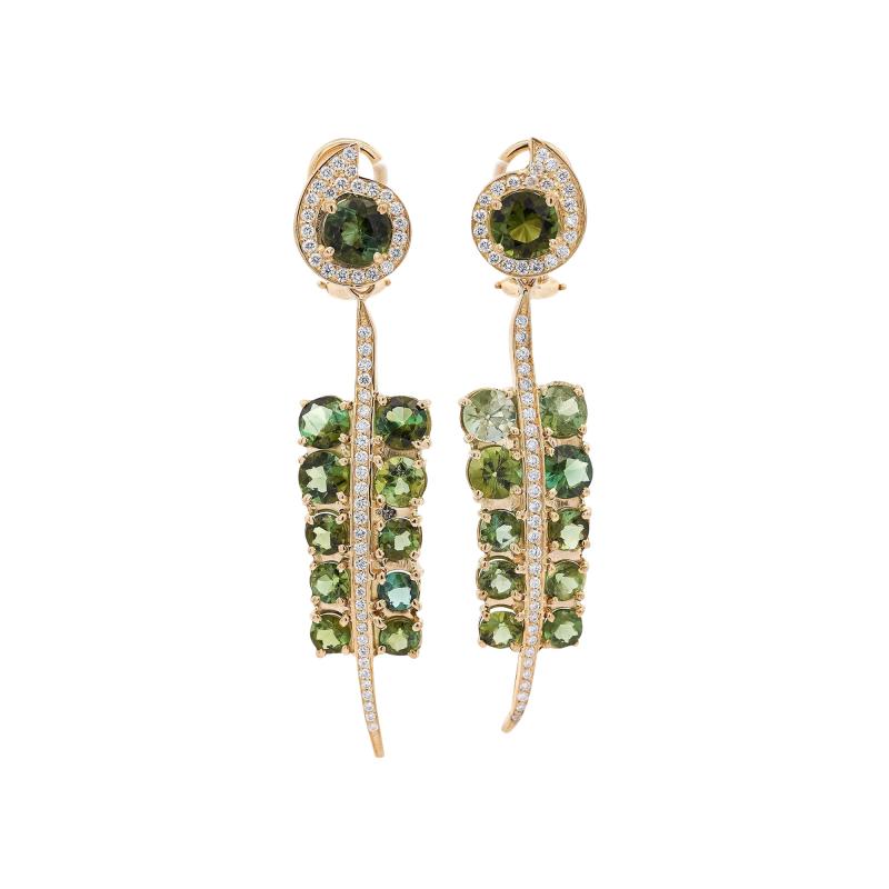 5 Carat Round Cut Green Tourmaline and Diamond Dangle Drop Earrings