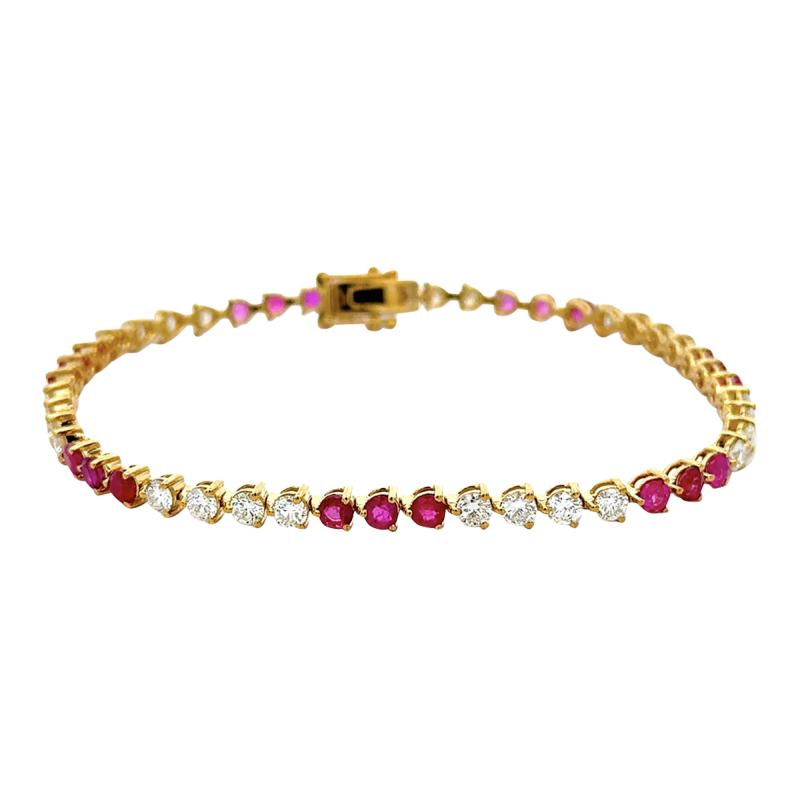 5 Carat Ruby and Lab Grown Diamond 3 Prong 14K Gold Tennis Bracelet