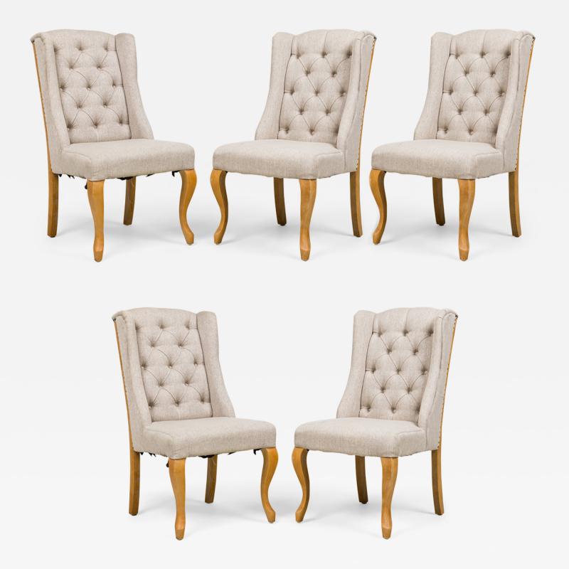 5 Mid Century American Button Tufted Gray Weave Upholstered Wing Dining Chairs
