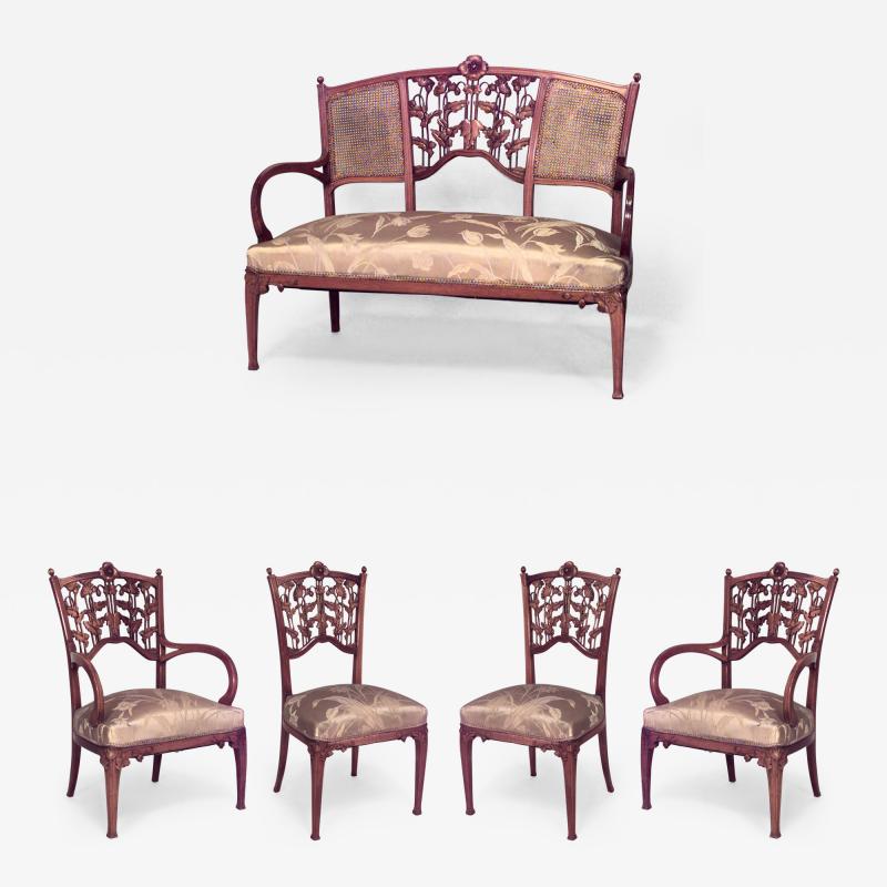 5 Piece French Art Nouveau Walnut Living Room Set