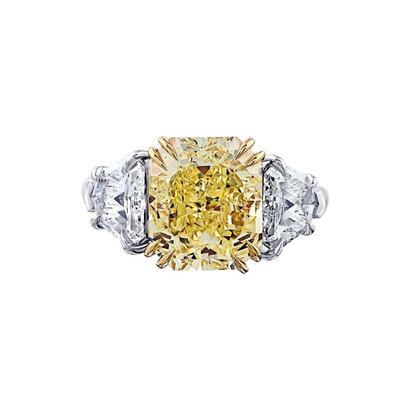 5 carat Radiant Cut Diamond Fancy Yellow GIA Three Stone Diamond Engagement Ring