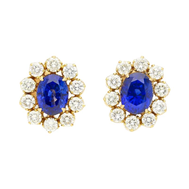 6 28 Carat Royal Ceylon Blue Sapphire and Diamond Halo Stud Earrings