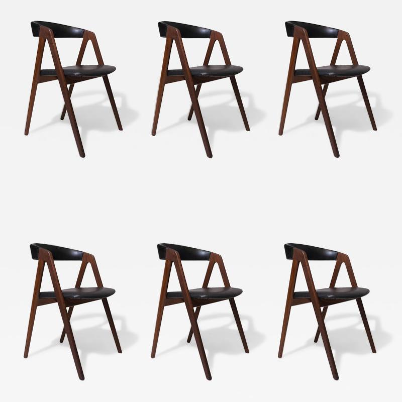 6 Danish A frame Walnut Dining Chairs in Original Black Vinyl