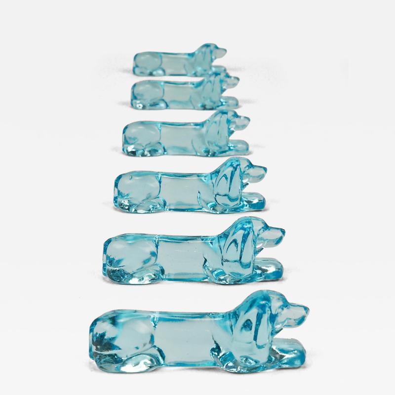 6 French Art Deco Dachshund Basset Hound Knife Rests Light Blue Glass 1930s