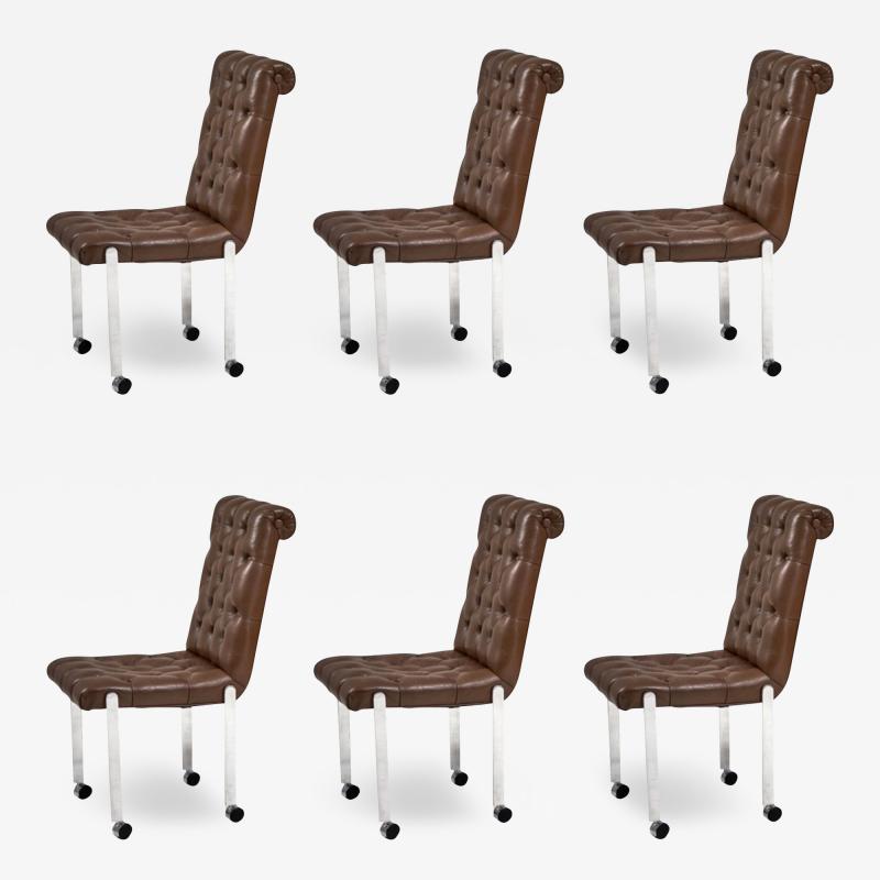 6 Leather Tufted Dining Chairs on Casters 1970