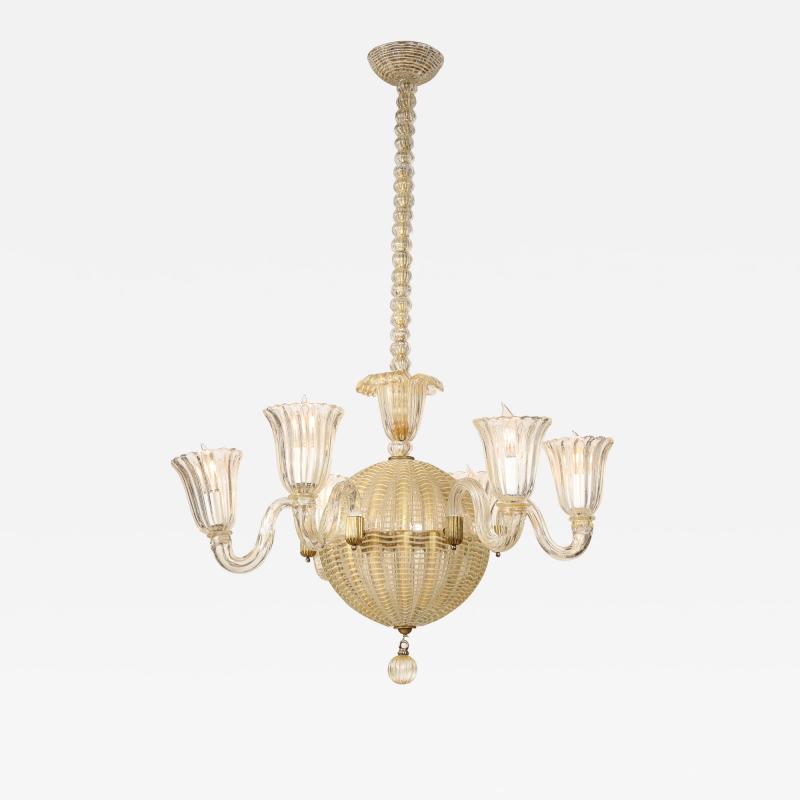 6 Light Gold Murano Chandelier Attributed To Barovier and Toso
