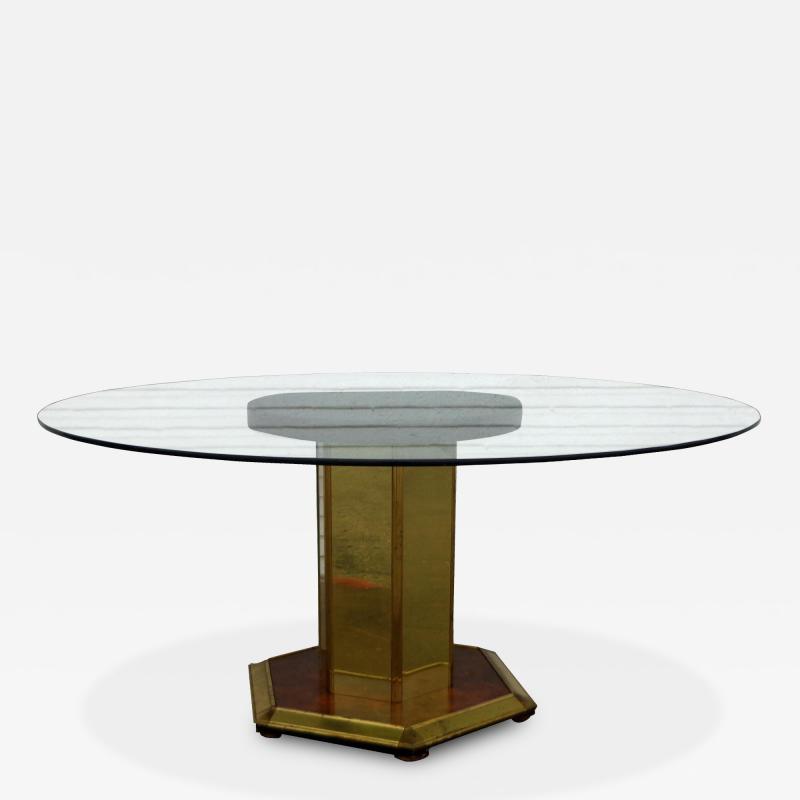 60 Henredon Round Brass Burl Wood Glass Top Center Dining Table hold