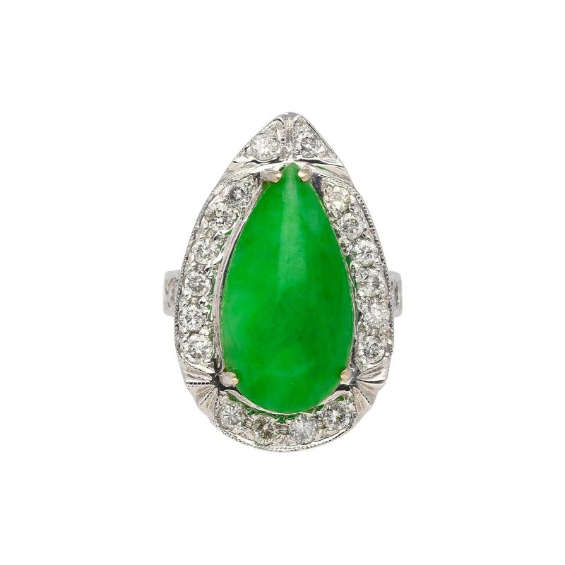 7 88 Carat Jade and Diamond Halo Ring in 18k White Gold