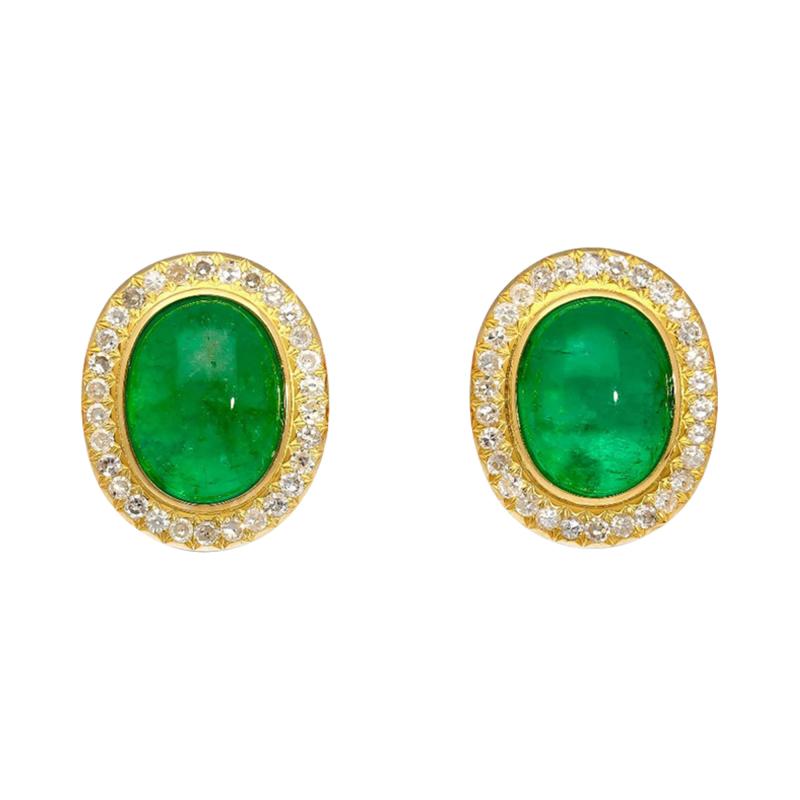 8 47 Carat Cabochon Emerald and Diamond Halo Earrings in 18K Gold