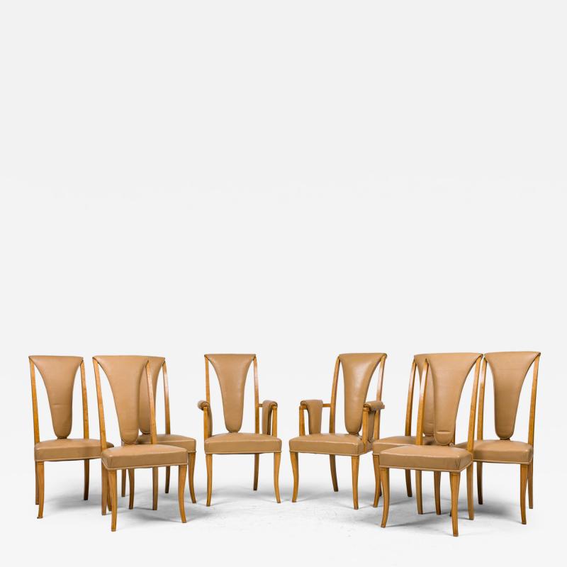 8 English Art Deco Maple High Back Dining Chairs