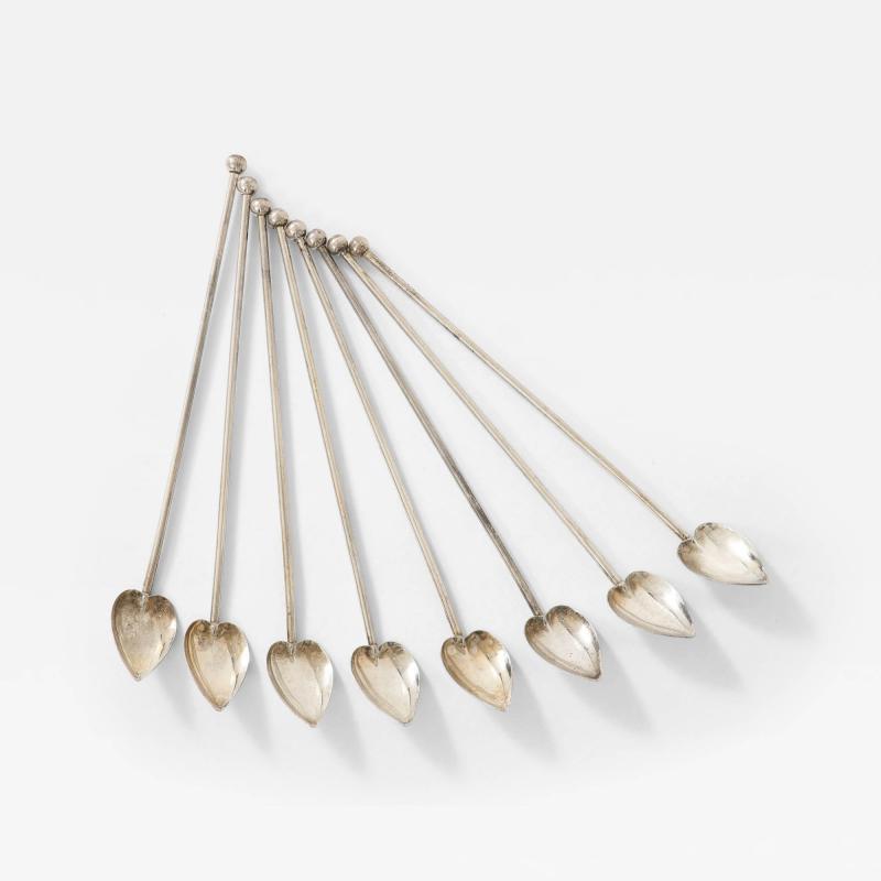 8 Sterling Silver Cocktail Heart Shaped Spoons Straws
