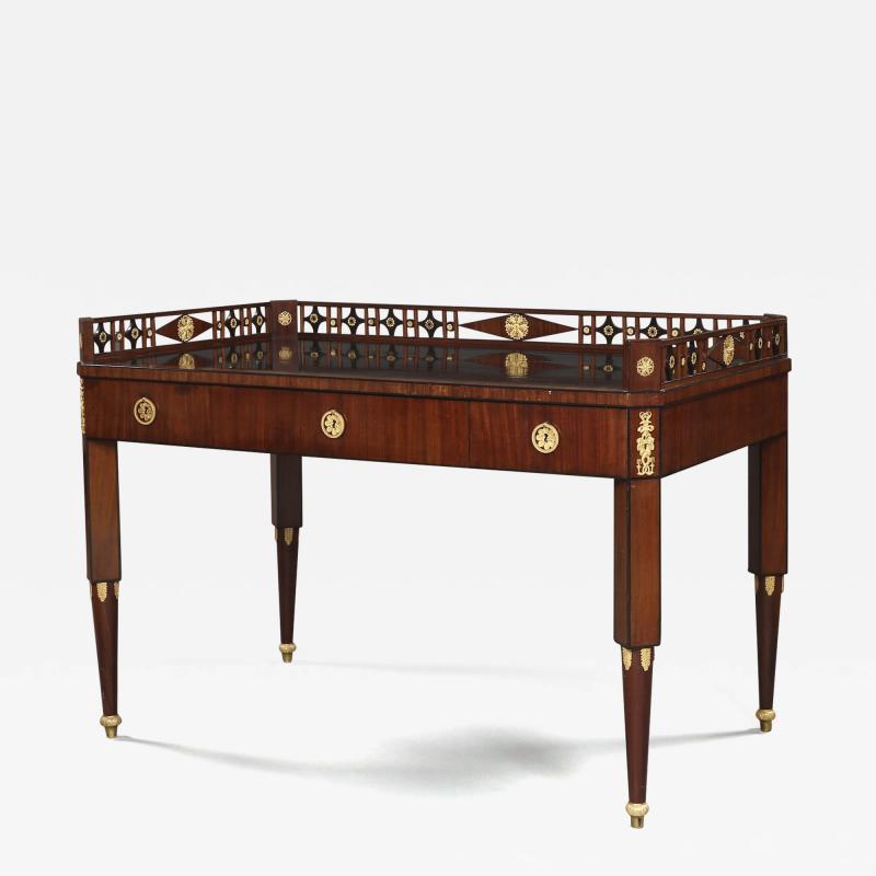 8035 AN EXCEPTIONAL MAHOGANY AND EBONY INLAID AND GILT BRONZE MOUNTED