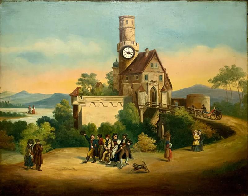 A 19TH CENTURY BELGIAN OIL ON CANVAS PICTURE CLOCK