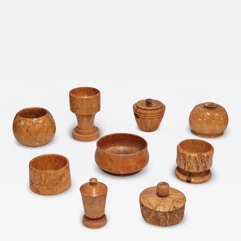 A Beautiful Set of 9 Unique Curly Birch Cases and Bowls Finland 20th Century