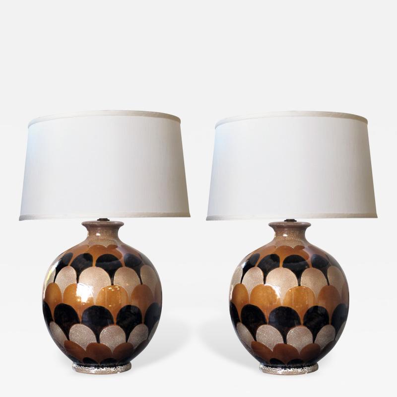 A Bold Pair of Italian Handmade Ceramic Lamps with Imbricating Glaze