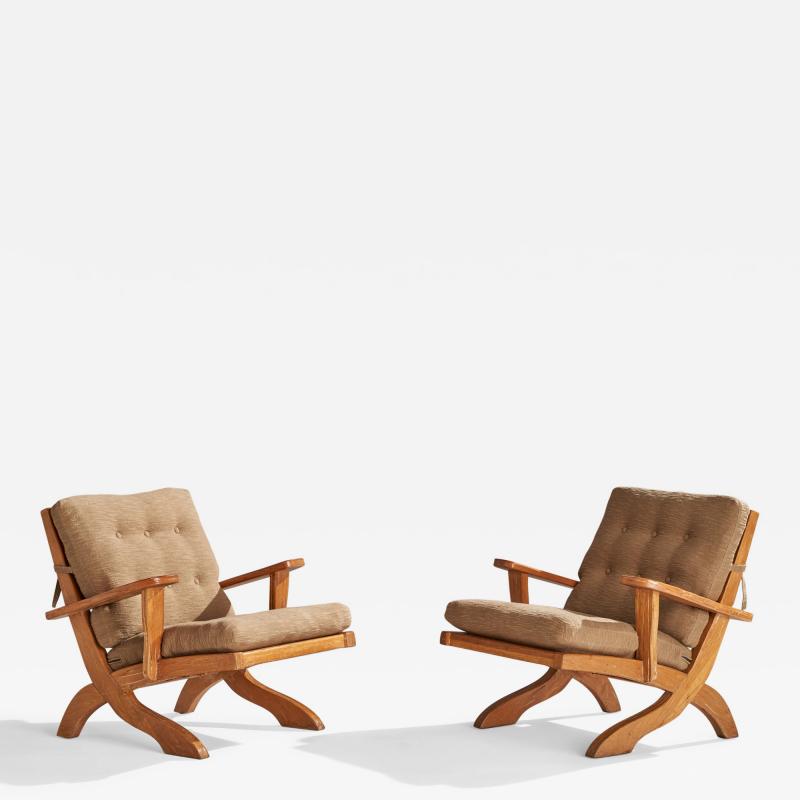 A Brandt Ranch Oak Lounge Chairs with Fabric and Oak USA 1950s