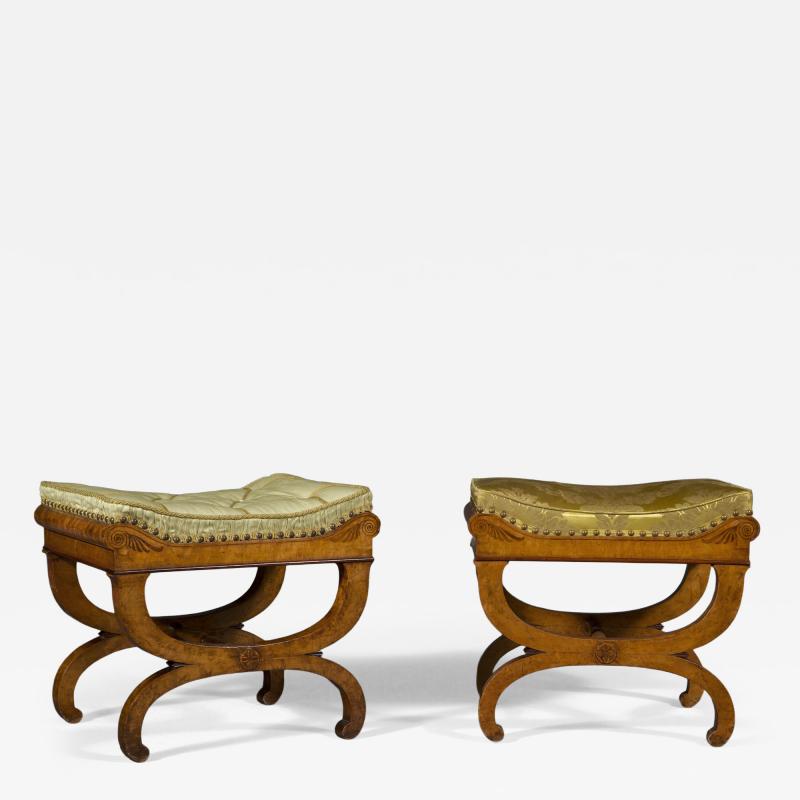A Charming pair of birds eye maple and amaranth inlaid X form stools