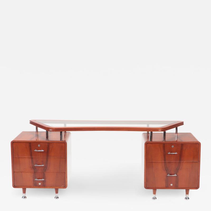A Double pedestal glass and wood Desk with chrome mounts C 1960 