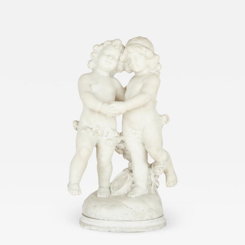 A Duch 19th Century white marble group of two cherubs by A Duch 