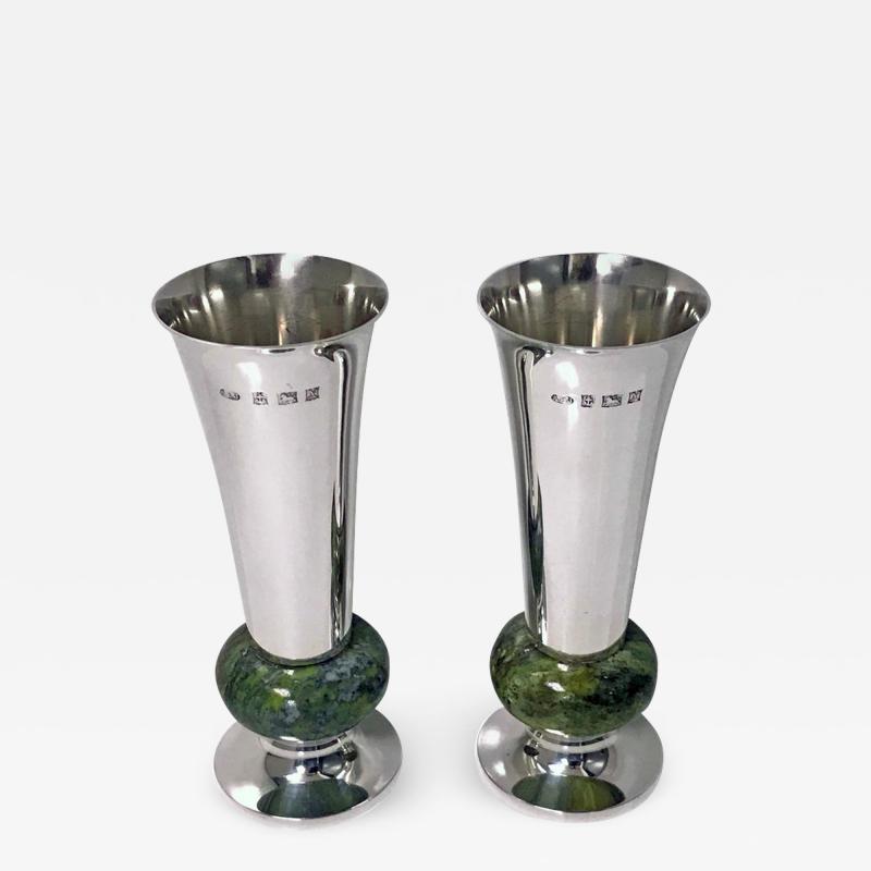 A E JONES Pair of A E Jones Sterling Silver and Marble Vases Birmingham 1972