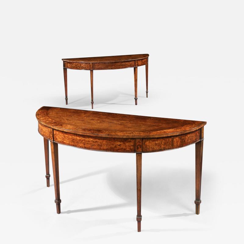 A FINE PAIR OF GEORGE III BURR YEW WOOD AND MAHOGANY D SHAPED SIDE TABLES