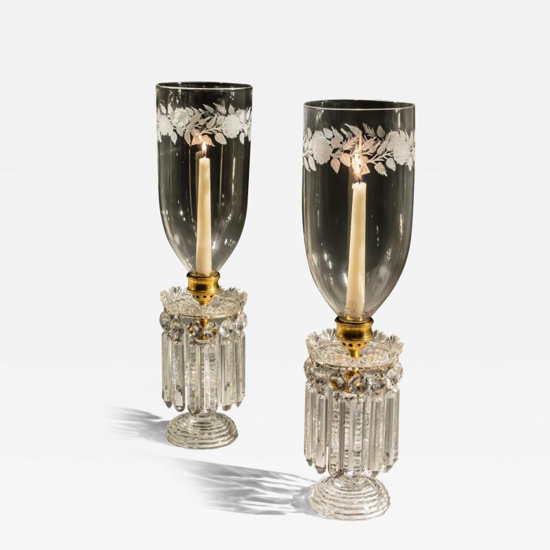 A FINE PAIR OF REGENCY CUT GLASS HURRICANE LIGHTS