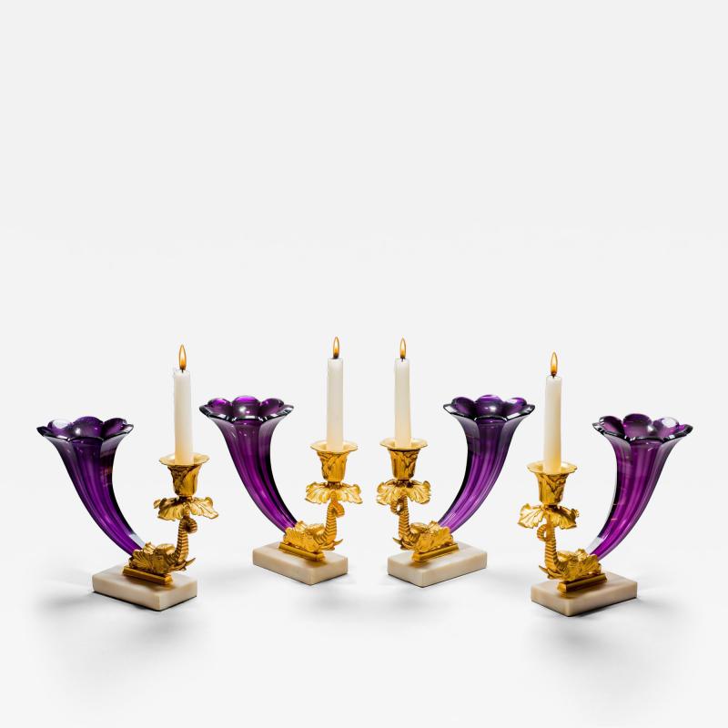 A FINE SET OF FOUR EARLY VICTORIAN AMETHYST CORNUCOPIA CANDLESTICKS
