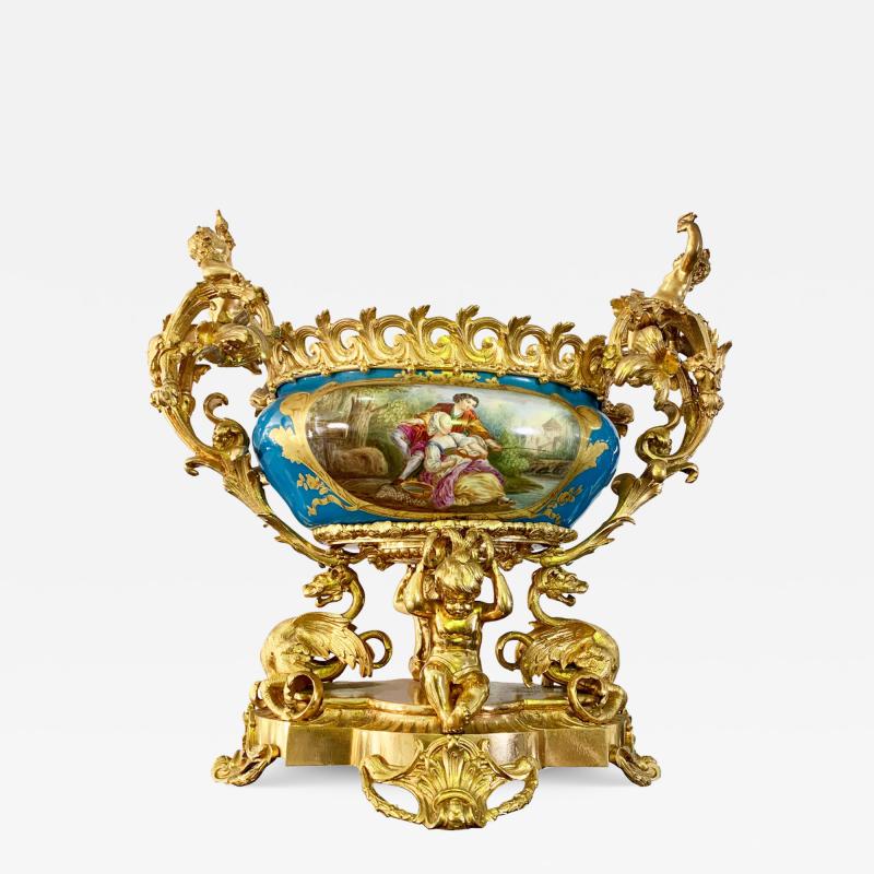 A FRENCH ANTIQUE SEVRES STYLE PORCELAIN ORMOLU MOUNTED CENTERPIECE 19TH CENTURY