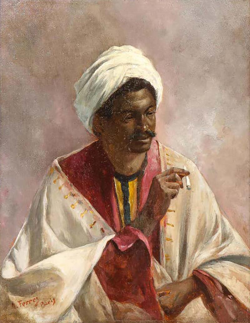 A Ferres Portrait of a Moorish Man Smoking Orientalist Painting 19th century