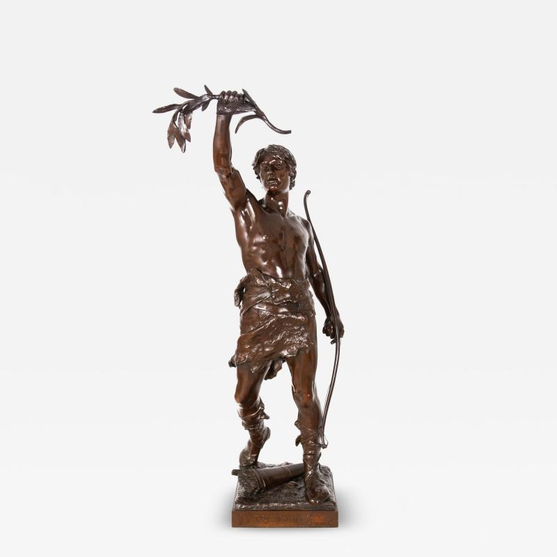 A Fine 36 H French Antique Bronze Sculpture Victory by Eugene Marioton