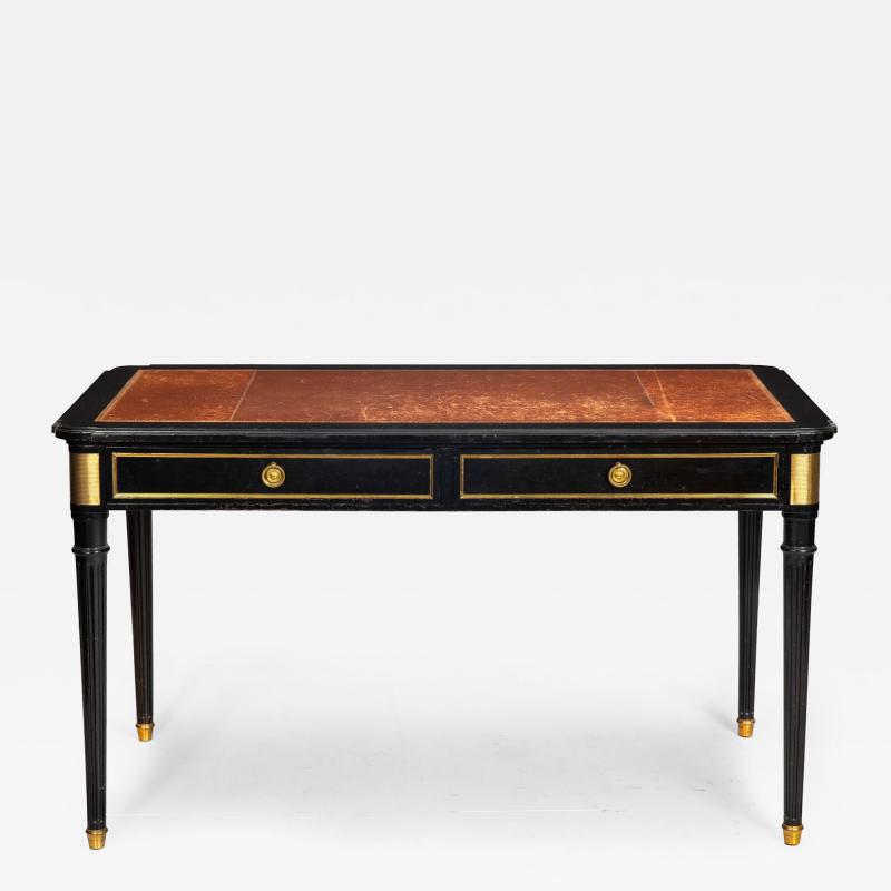 A Fine Black Louis XVI Style Leather Writing Table Desk Bureau Plat ca 1950