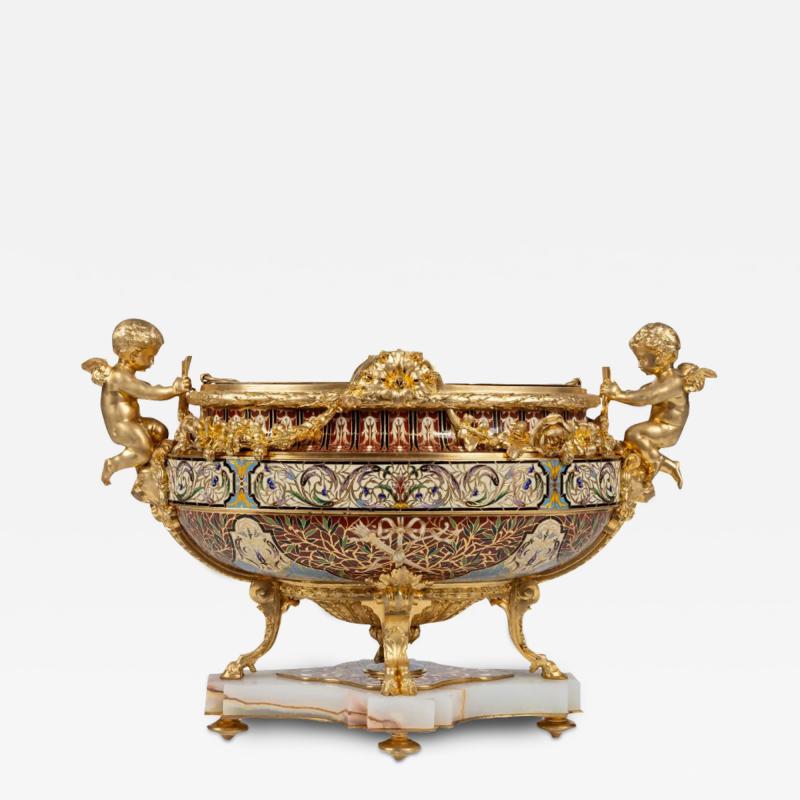 A Fine French Ormolu Champleve Enamel and Onyx Figural Centerpiece Jardiniere