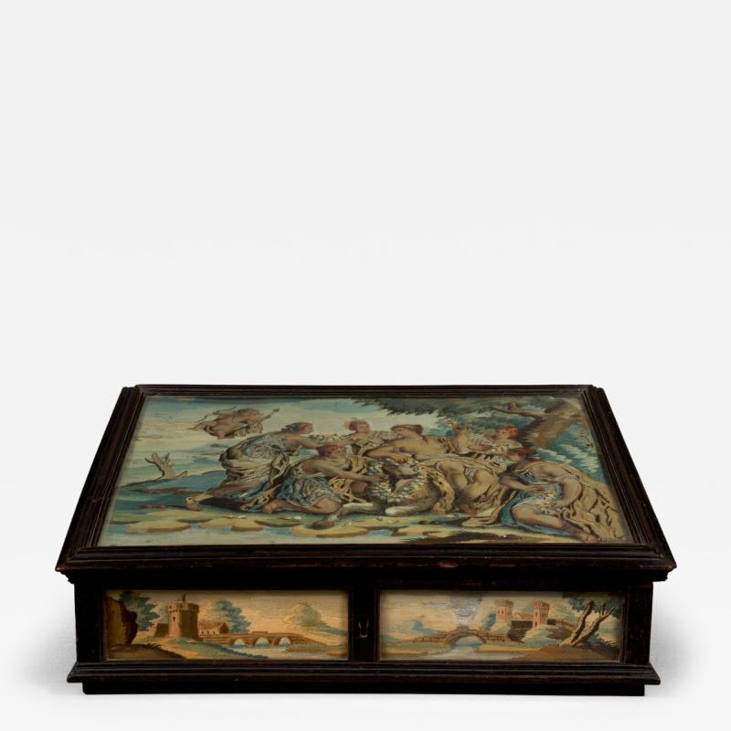 A Fine and Rare Slope Front Silkwork and Watercolor Decorated Writing Box