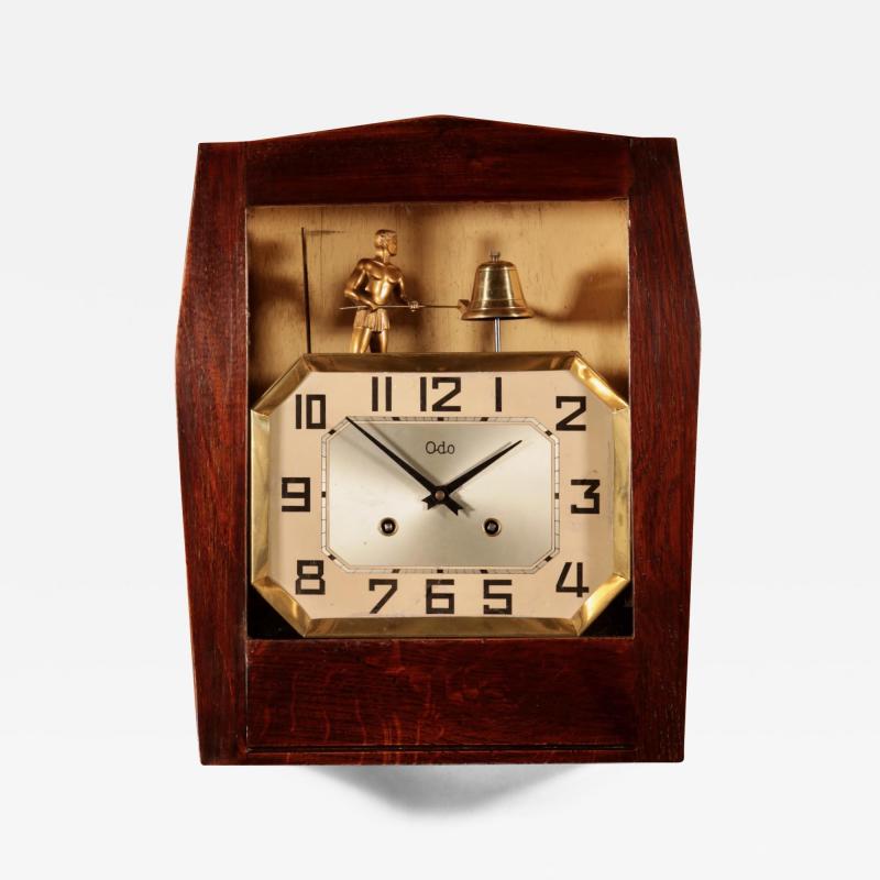 A French Art Deco Oak Signed Odo Automation Striking Wall Clock 