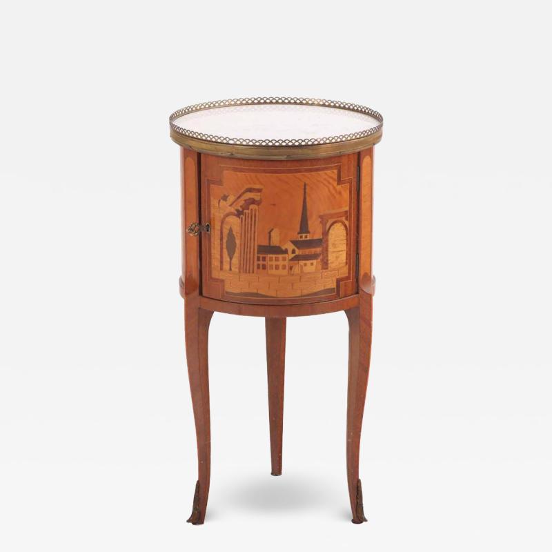 A French Louis XV style mixed woods marble top work table nightstand C 1940 