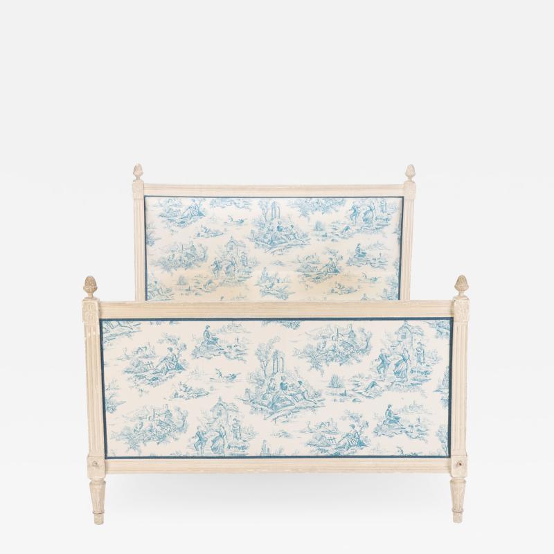 A French painted Louis XVI style Queen size bed with toile fabric circa 1940 