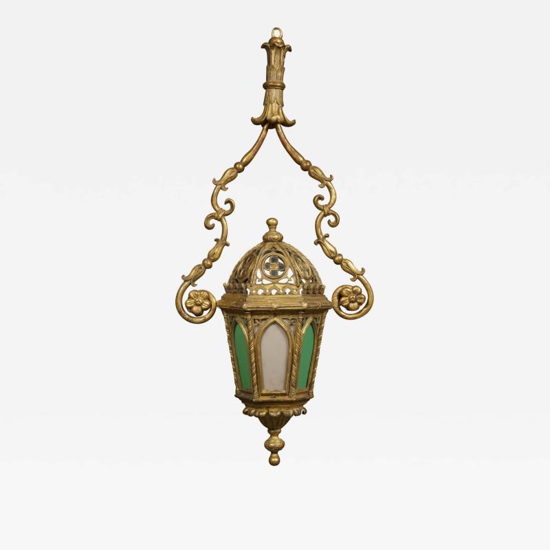 A Giltwood And Colored Glass Lantern in the Neo Gothic Taste