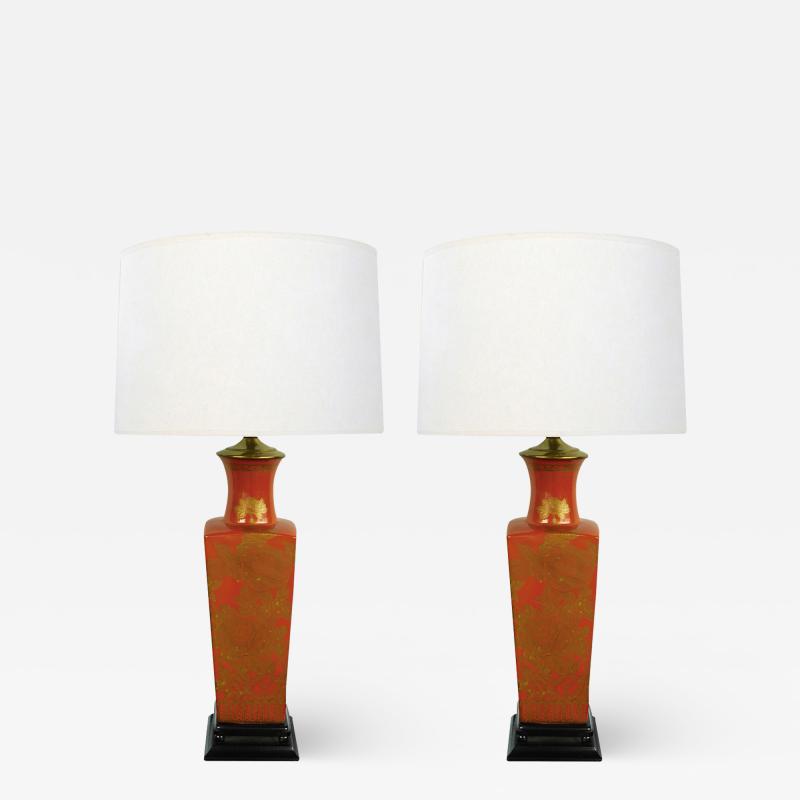 A Good Pair of Chinese 1960s Red Orange Glazed Lamps w Gilt Decoration